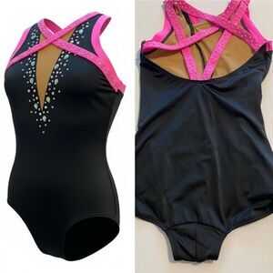 The Line up dance costume black hot pink strappy leotard rhinestone SA adult